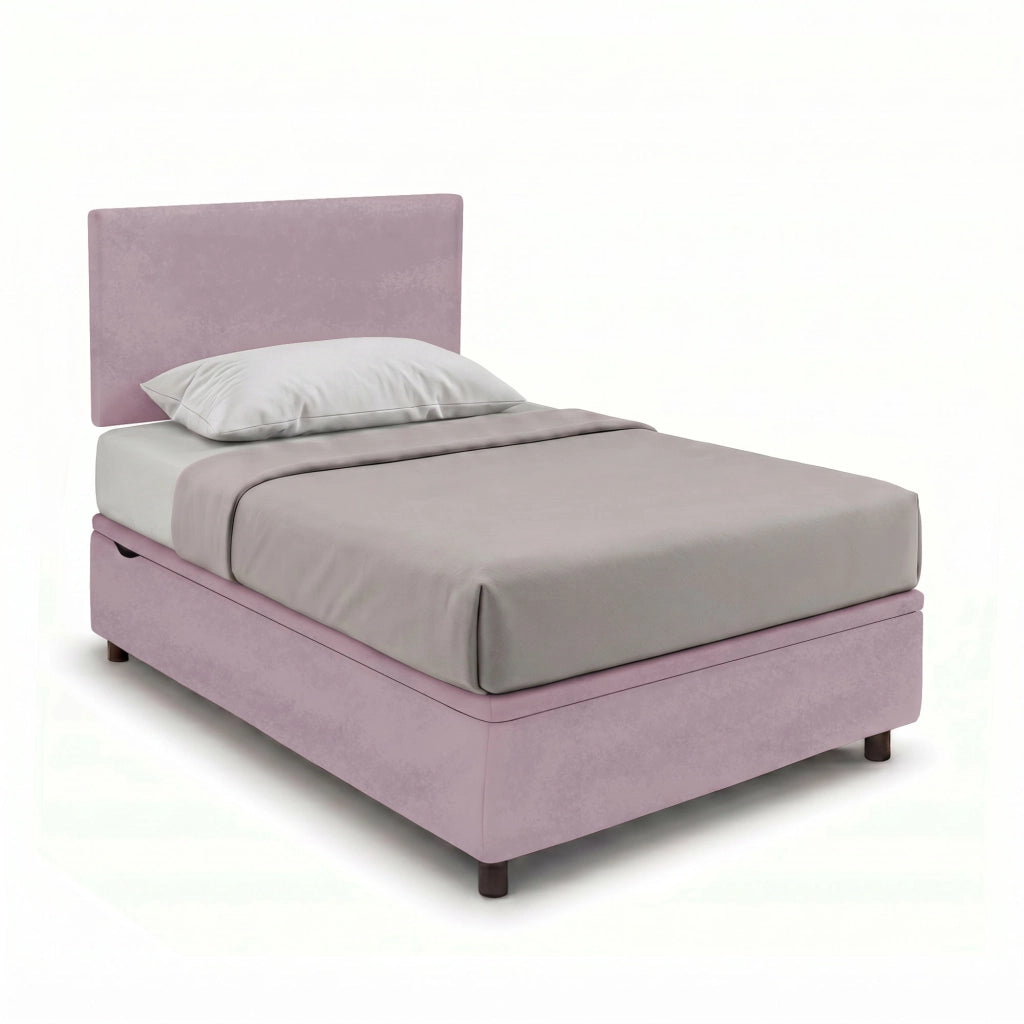 Letto Singolo Contenitore Imbottito 80x190 cm Microfibra Glicine BoxMax Testata Flat