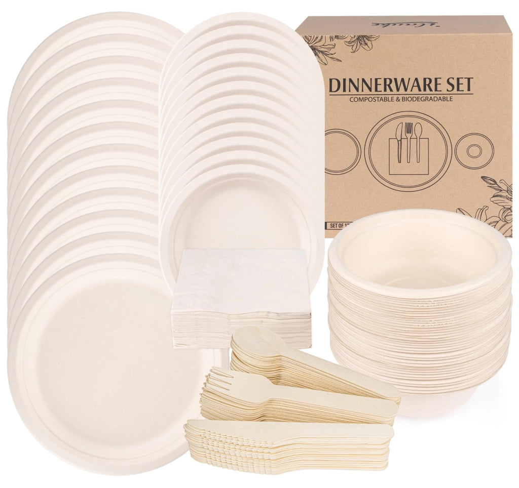 Set di stoviglie usa e getta in carta, compostabile, ideale per barbecue e campeggio (170 pezzi)