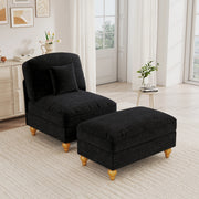 Poltrona in ciniglia nera con pouf mobile; gonne con volant rimovibili; schienale segmentato e cuscino di supporto