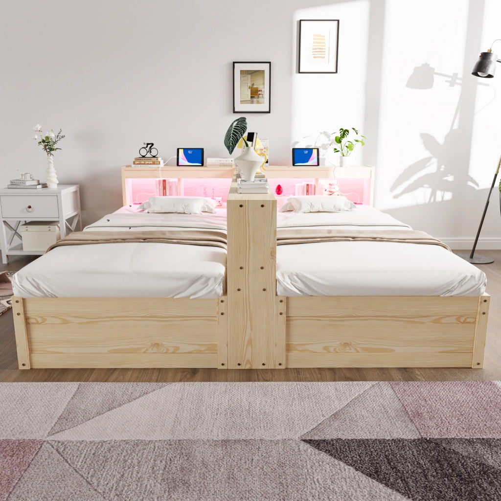 Letto matrimoniale multifunzionale con vano contenitore idraulico LED e prese integrate in legno naturale