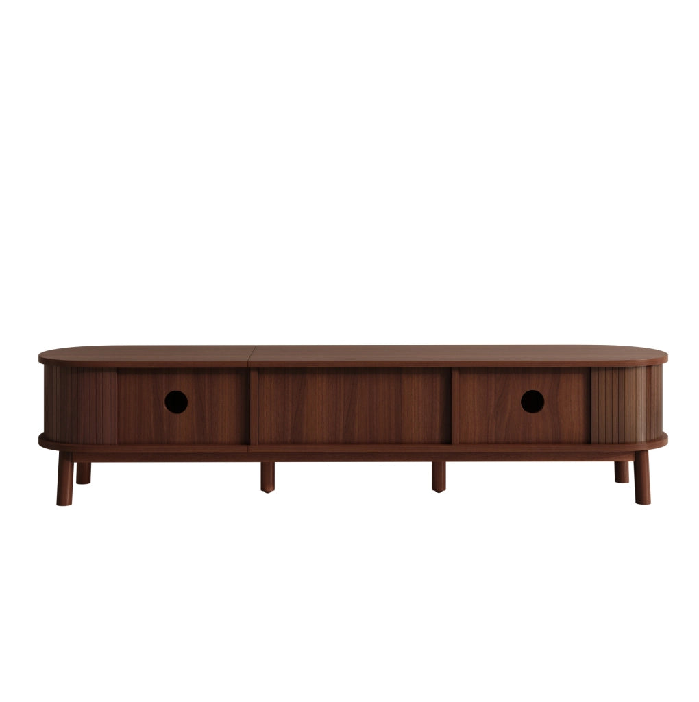 Mobile TV in legno massello con ante e cassetti in rattan, 170x39,5x38 cm, finitura naturale