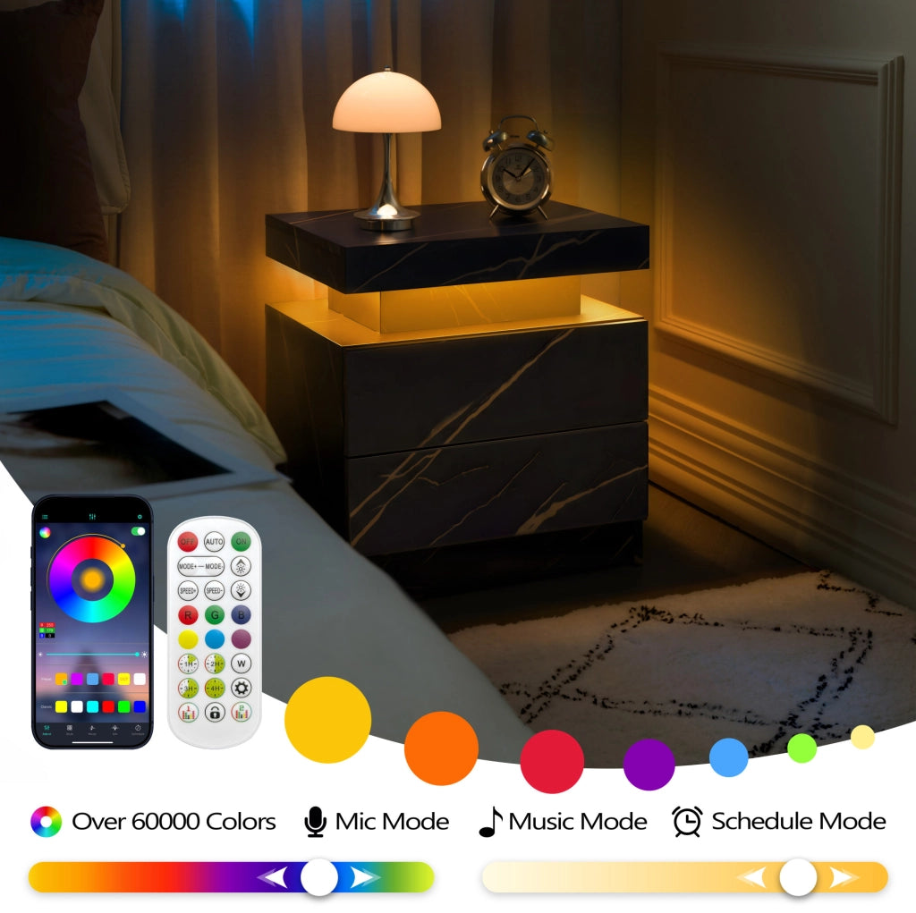 Comodino con luci LED regolabili e 2 cassetti, design moderno nero e oro per camera da letto