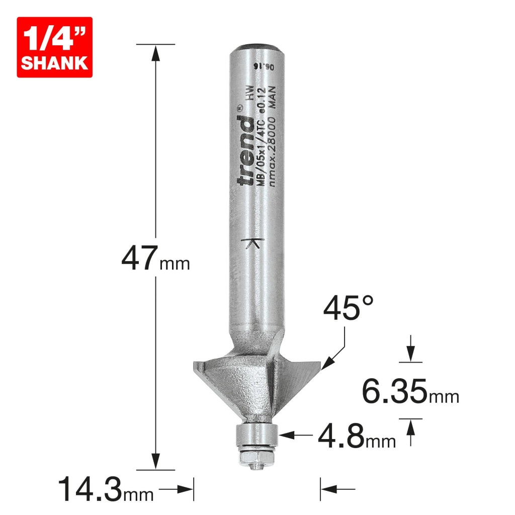 Fresa per smussi in miniatura gambo 1/4", 45°, diametro 14,3 mm, lunghezza di taglio 6,35 mm, metallo duro