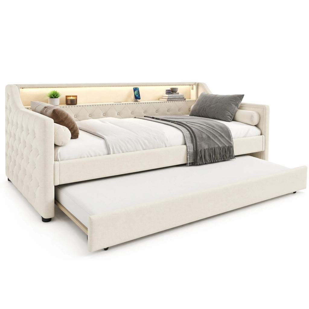 Daybed con rete a doghe 90x200 cm, divano letto con LED integrati e porta USB, lino beige, con letto estraibile