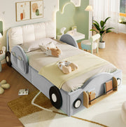 Letto imbottito 90 × 200 cm con contenitore idraulico; flanella grigia e tasche laterali
