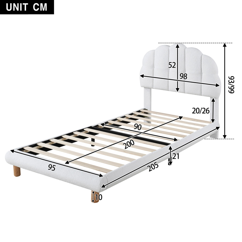 Letto singolo imbottito 90 × 200 cm in bouclé bianco con testiera regolabile e rete a doghe