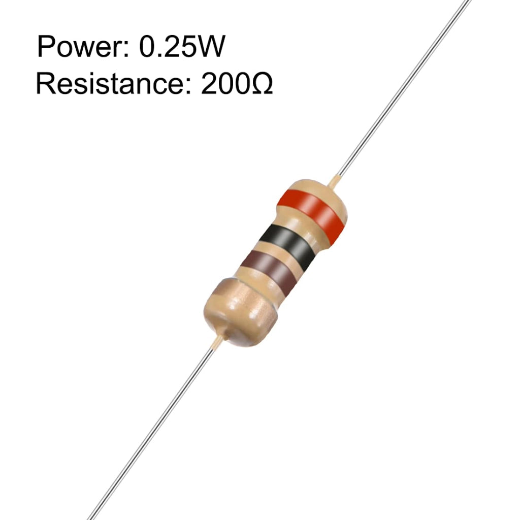 100 resistenze a strato di carbone, valore di 200 Ohm, potenza 0,25 W, tolleranza 5%
