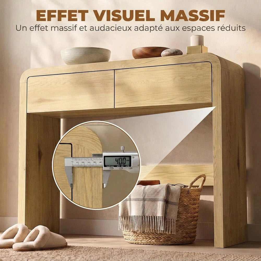 Tavolo consolle con 2 cassetti per ingresso e soggiorno, mobile in legno naturale, piano spesso e angoli arrotondati, 100 x 30 x 85 cm