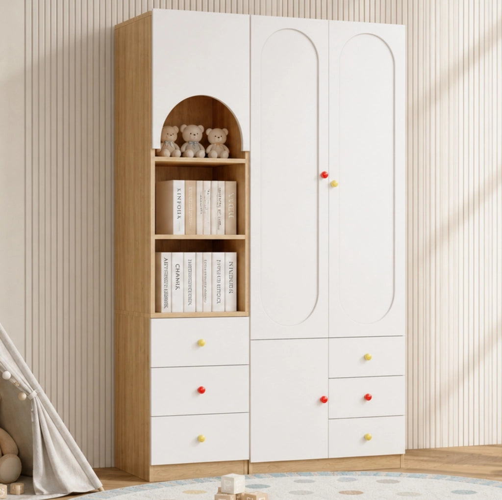 Armadio a 2 ante e scaffale con cassetti, bianco e color legno