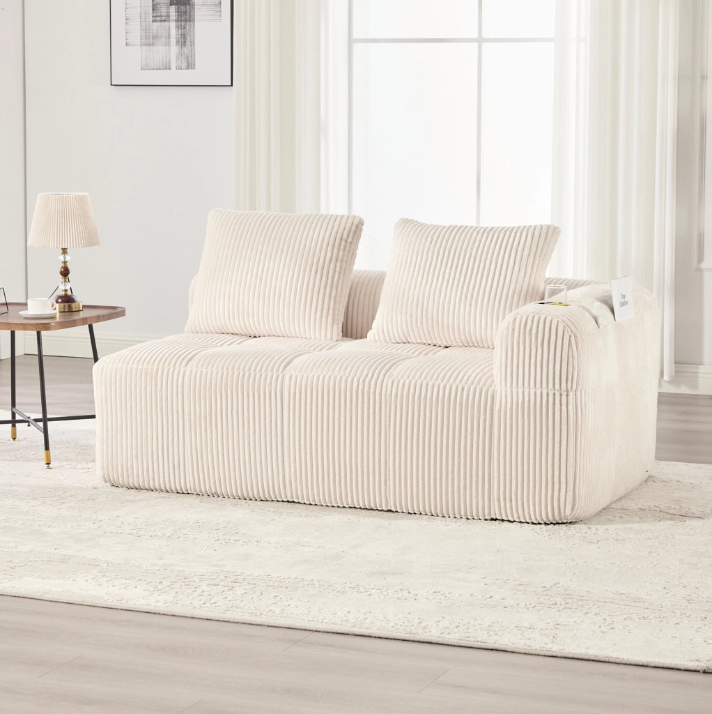 Divano 2 posti 158x93x61 cm in velluto a coste beige con tasche laterali e portabicchiere