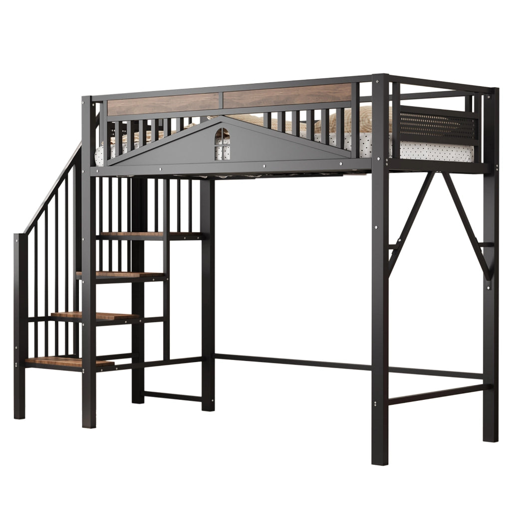 Letto a castello in metallo 90x200 cm con ringhiera di sicurezza e scaletta, nero