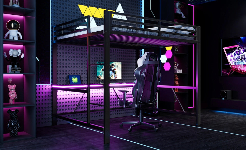 Letto a castello gaming 160x200 in metallo nero con scrivania, illuminazione LED e presa USB