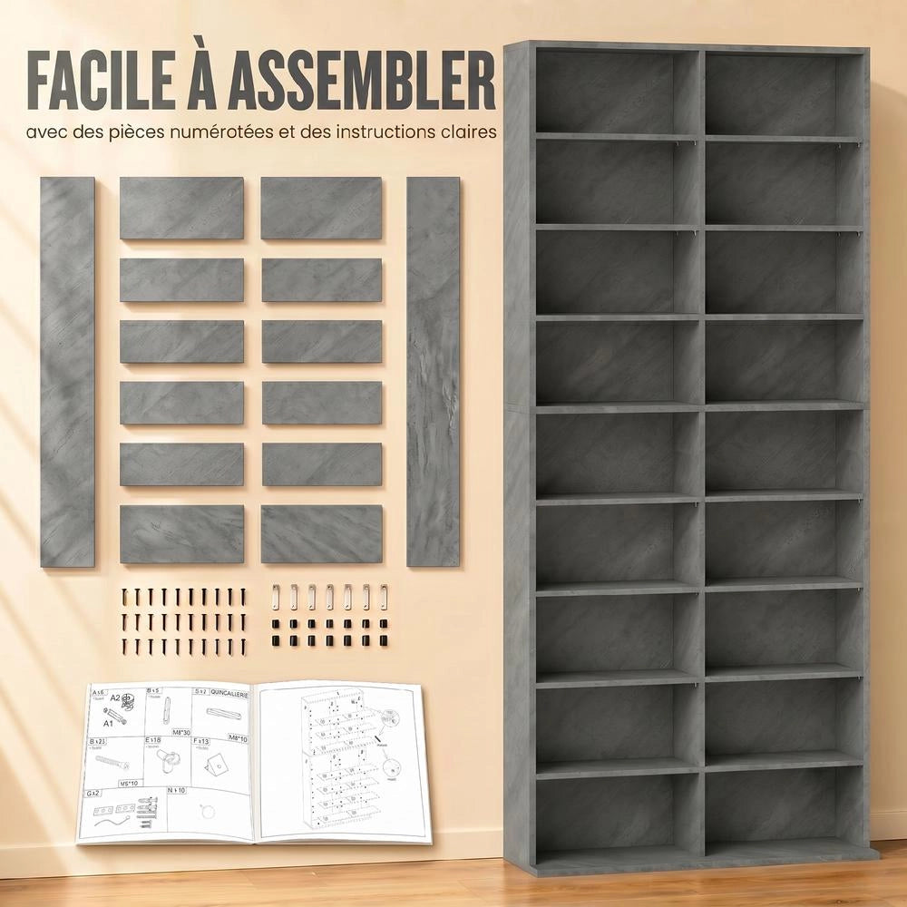 Scaffale porta CD e DVD a 18 scomparti con 14 ripiani regolabili mobile multimediale salvaspazio grigio chiaro 78,5x24x175cm