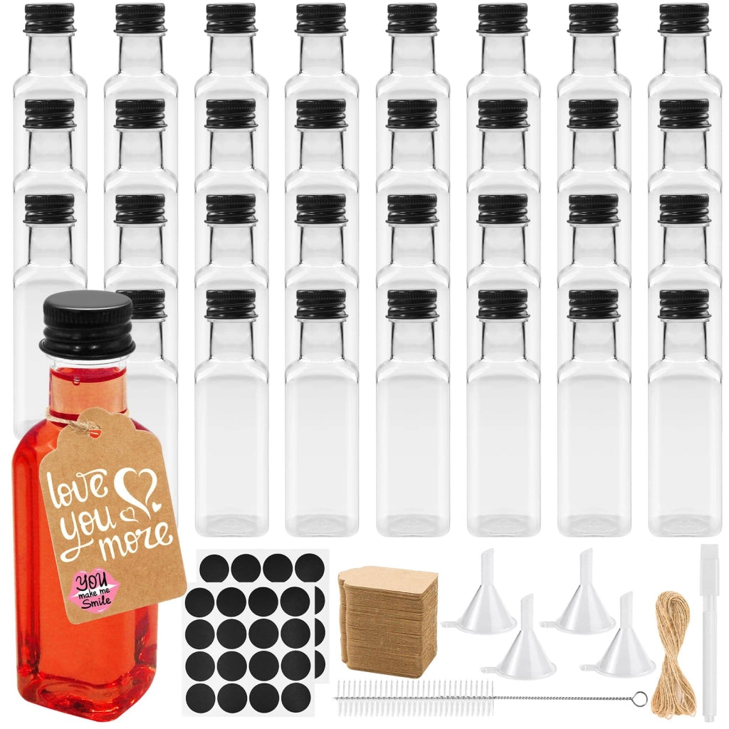 32 mini-bottiglie da 50 ml, in plastica, riutilizzabili, complete di accessori
