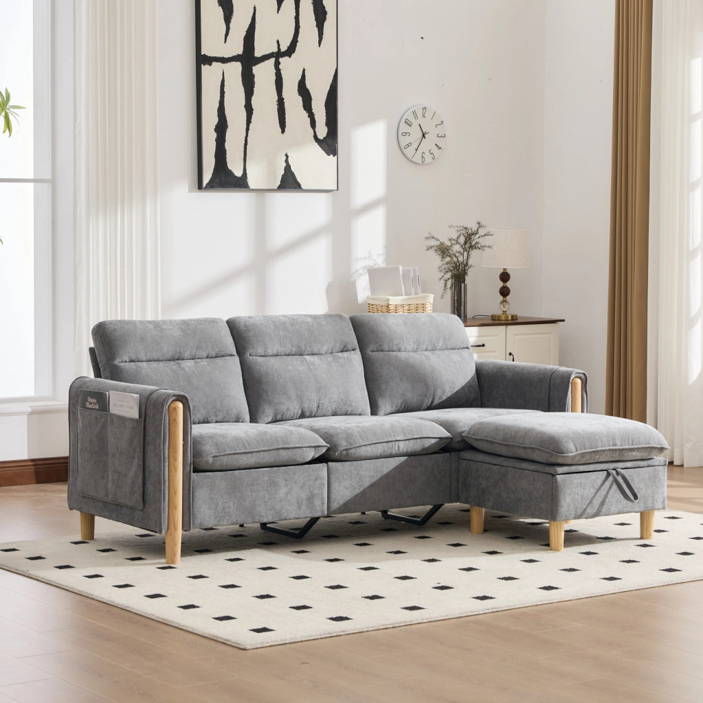 Divano 3 posti a L in ciniglia grigio chiaro con pouf contenitore