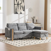 Divano 3 posti a L in ciniglia grigio chiaro con pouf contenitore