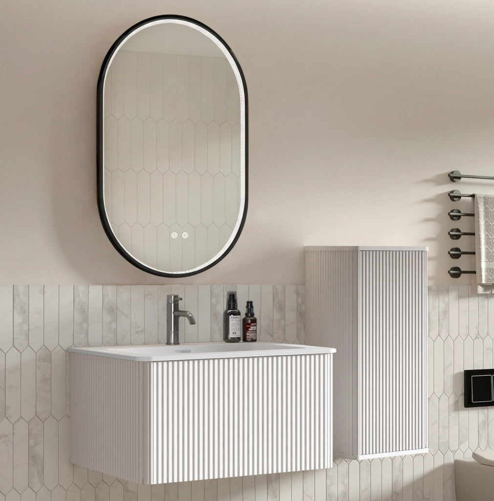 Set mobili bagno sospesi con lavabo in pietra acrilica, mobile laterale e specchio LED regolabile, 80 cm, bianco opaco