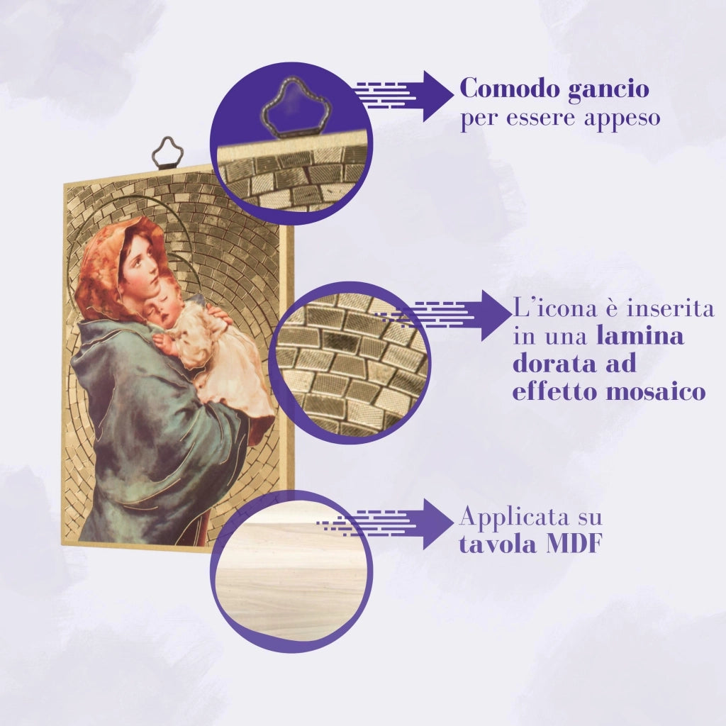 Immagine della Madonna con il Bambino, realizzata in MDF e pioppo, dimensioni 8 mm x 10 x 15 cm