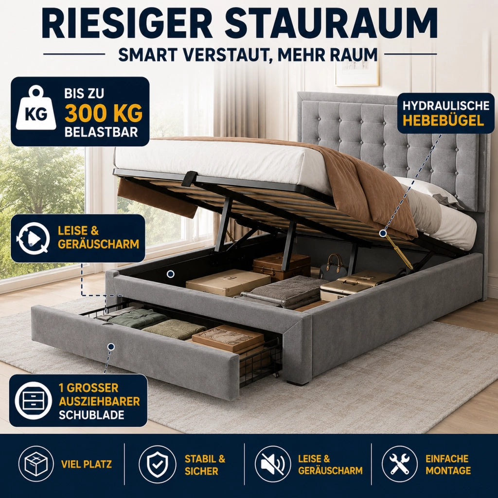 Letto imbottito in velluto grigio 180 x 200 cm con contenitore