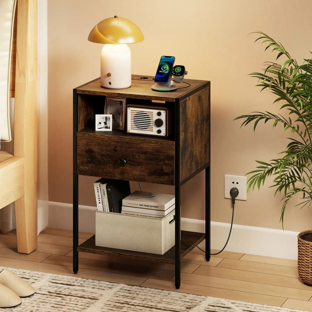 Nightstand with charging station, industrial side table with open compartment, drawer & shelf, rustic brown