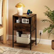 Nightstand with charging station, industrial side table with open compartment, drawer & shelf, rustic brown
