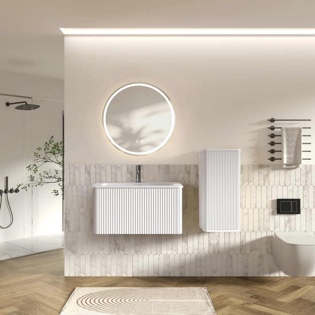 Mobile bagno con lavabo e specchio LED 80 cm bianco con mobile laterale