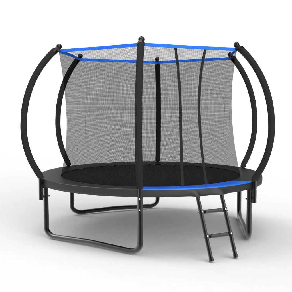 Trampolino rotondo 305 cm in acciaio nero e blu, rete di sicurezza, scala, da giardino