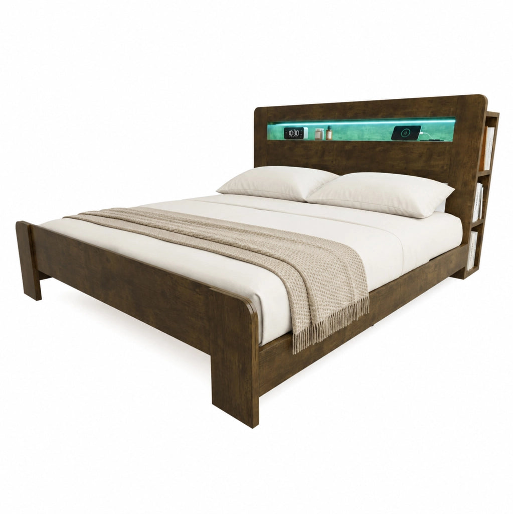 Letto matrimoniale multifunzione 180x200 cm in legno, con testiera contenitore, LED e prese