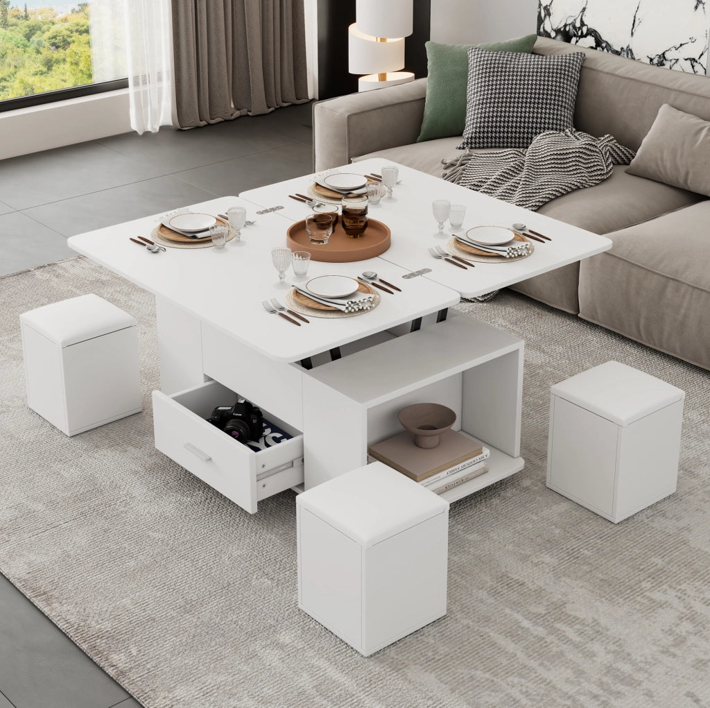 Tavolino elevabile 100 x 50 x 45 cm bianco con 4 sgabelli