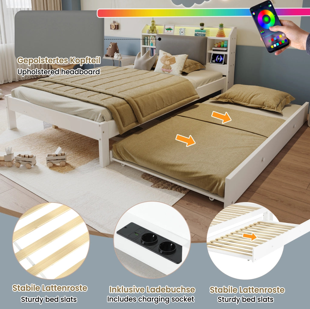 Letto in legno bianco 120x200 cm con letto estraibile 90x190 cm, testiera imbottita, LED e stazione di ricarica