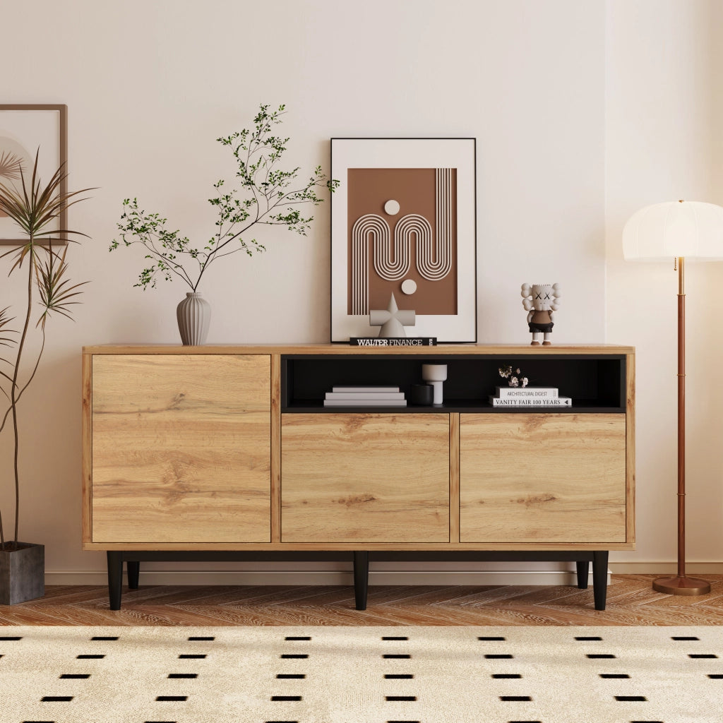 Credenza 160 × 35 × 76 cm con tre ante e ripiani regolabili in MDF e pannello truciolare legno naturale e nero
