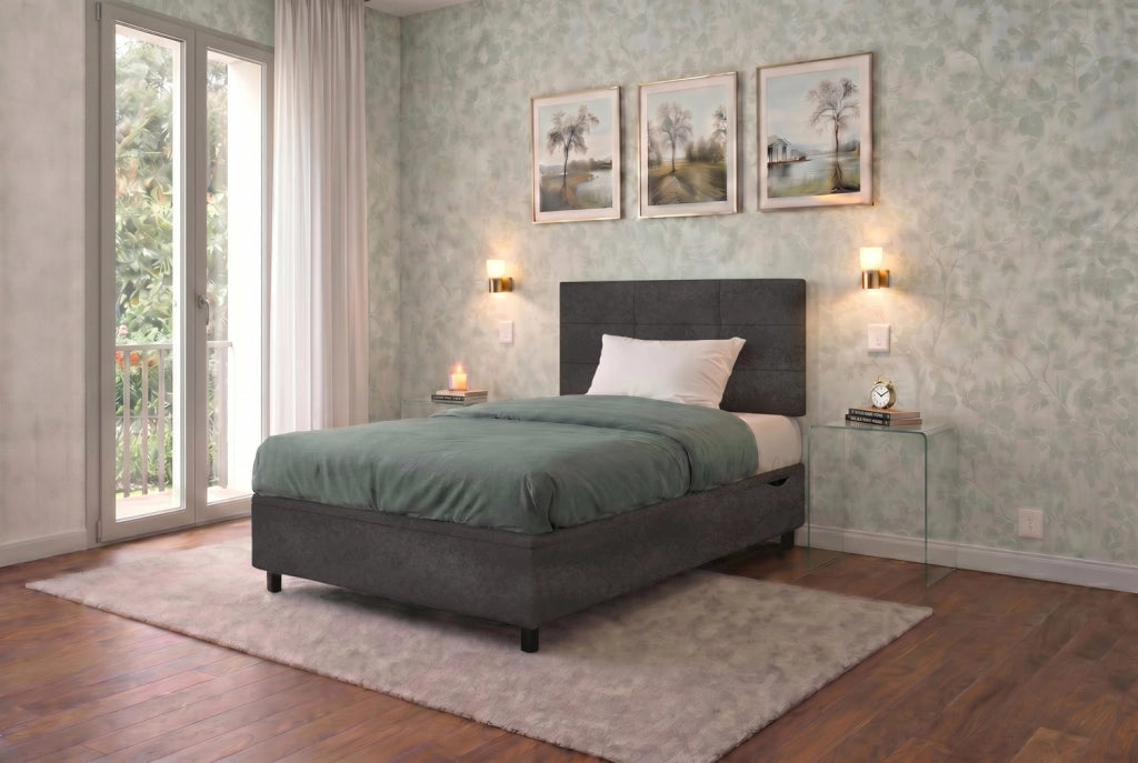 Letto Singolo Contenitore Imbottito 80x200 cm Microfibra Grigio BoxMax Testata Square