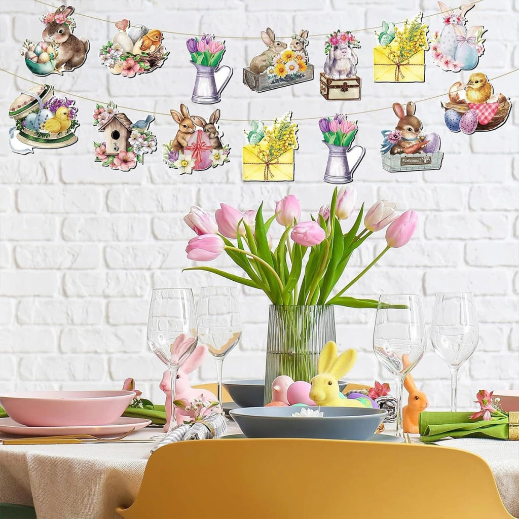 Set da decorazione pasquale in legno, composto da 24 pezzi, con uova, coniglietti e pulcini