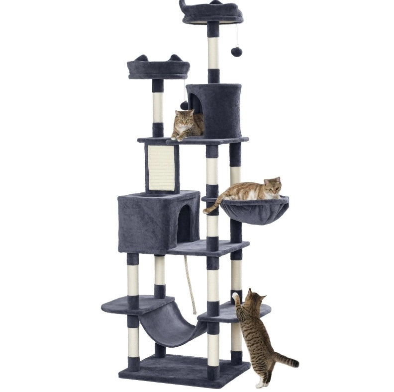Tiragraffi per gatti 206 cm 60x50x206 cm grigio scuro, sisal, 2 nicchie e piattaforme