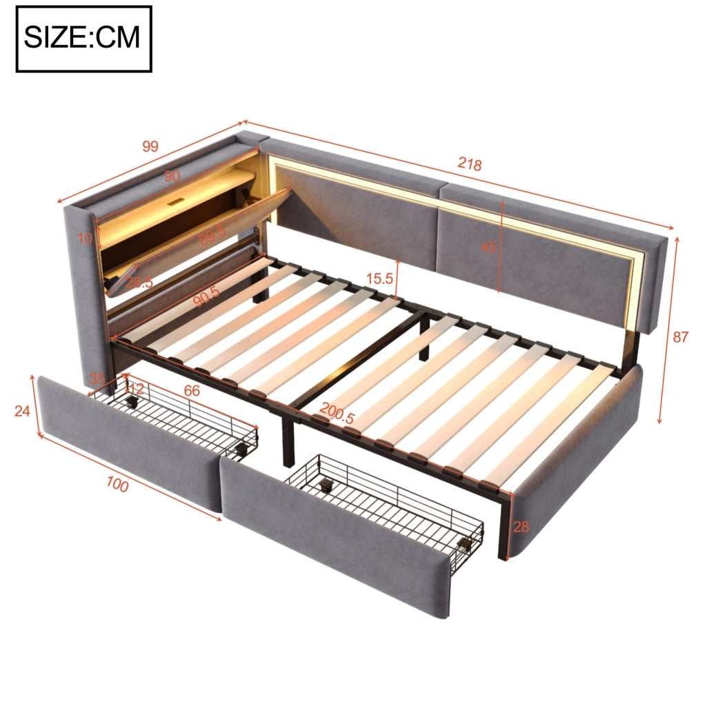 Divano letto singolo 90x200 cm con LED; USB; contenitore e cassetti in velluto grigio scuro