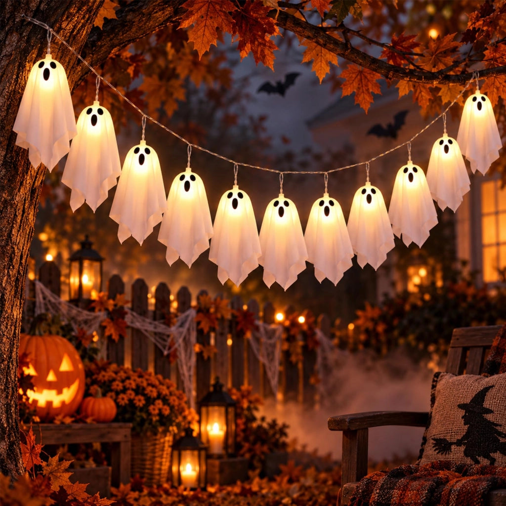 Catena luminosa a tema Halloween, con 10 fantasmi, telecomando, luce bianco caldo