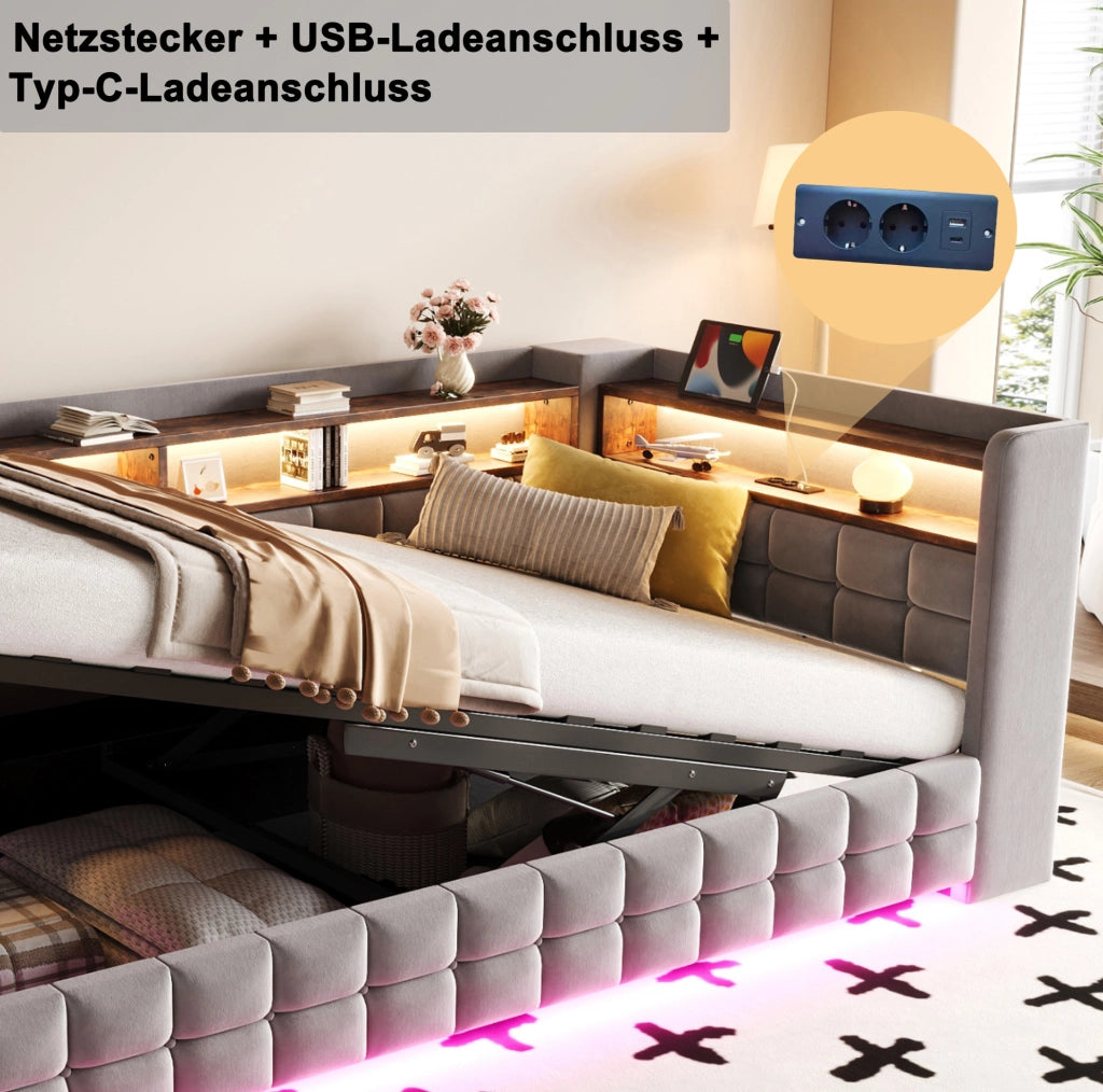 Divano letto imbottito 90 × 200 cm grigio chiaro con contenitore e LED
