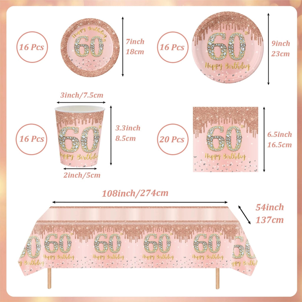Set di stoviglie per feste, 60° compleanno, color oro rosa, 69 pezzi, per 16 ospiti, include piatti e bicchieri