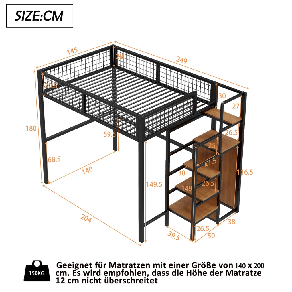 Letto a soppalco 140 × 200 cm con scala armadio e rete a doghe in metallo nero
