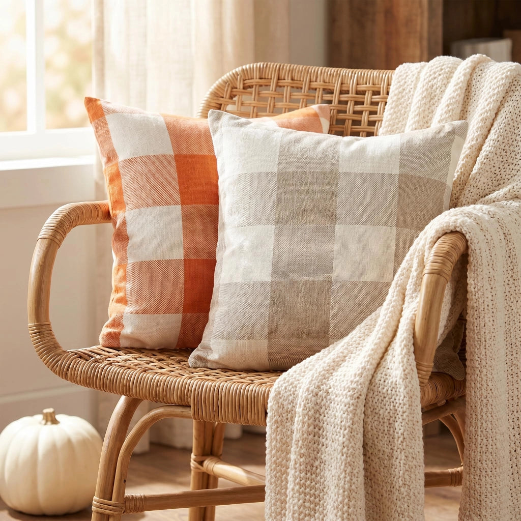 Set di due federe per cuscini, 50x50 cm, beige a quadri