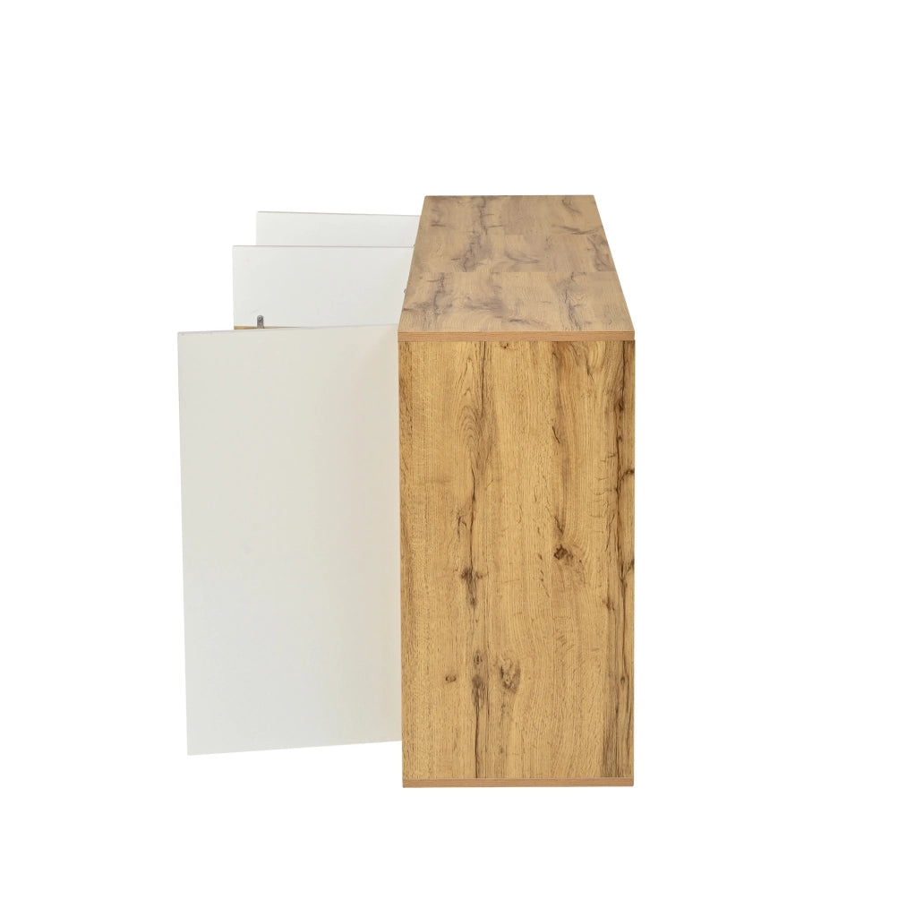 Credenza moderna a 3 ante bianca e color legno naturale, 140 x 35 x 71 cm