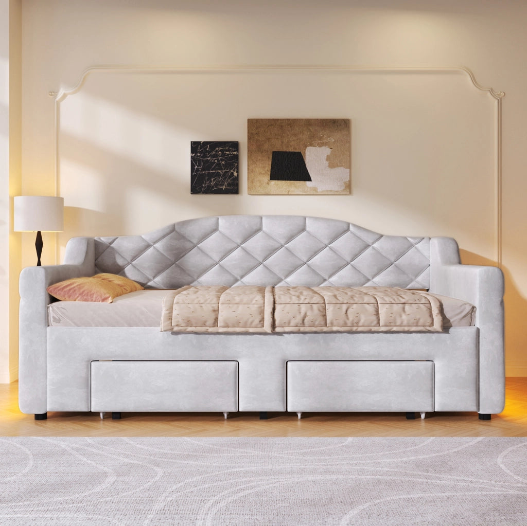 Letto singolo estraibile 90x200-180x200 cm con 2 cassetti e LED; grigio