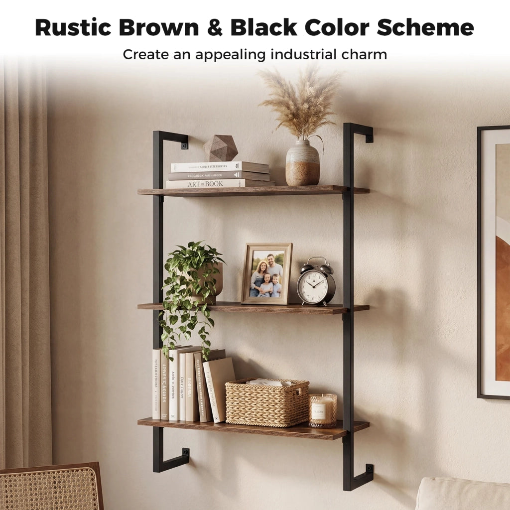 3-Tier Floating Shelf Wall Hanging Display Storage Rack for Living Room-Rustic Brown
