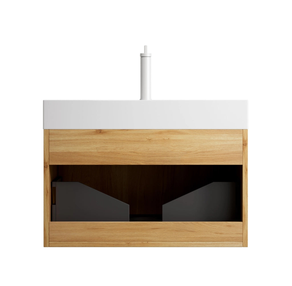 Mobile bagno sospeso 70 cm con lavabo integrato in resina bianca e corpo in compensato effetto quercia naturale