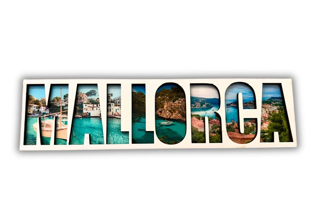 Magnete per frigorifero in legno con motivo di Mallorca, dimensioni 15 x 4 x 0,4 cm