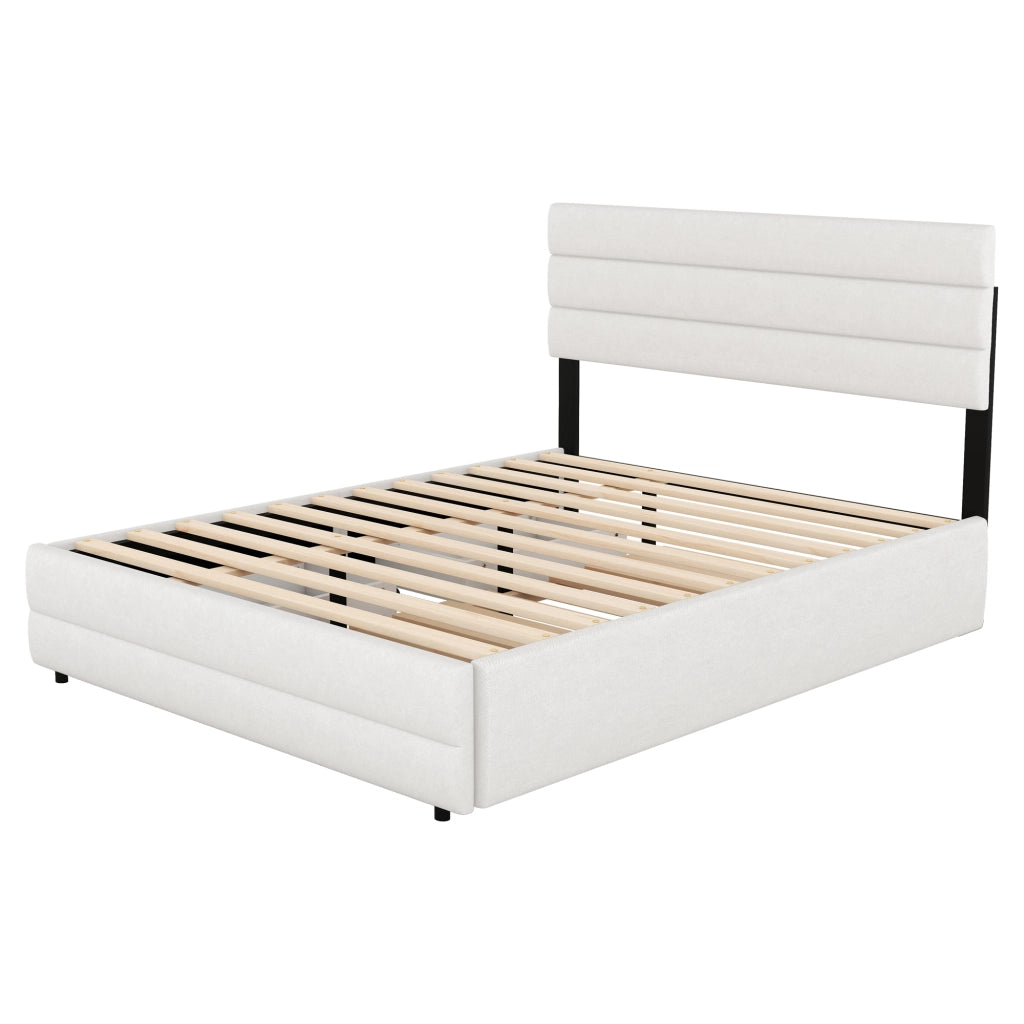 Letto Estraibile 140 x 200 cm e 90 x 190 cm, Letto Matrimoniale - 2 Cassetti - Beige