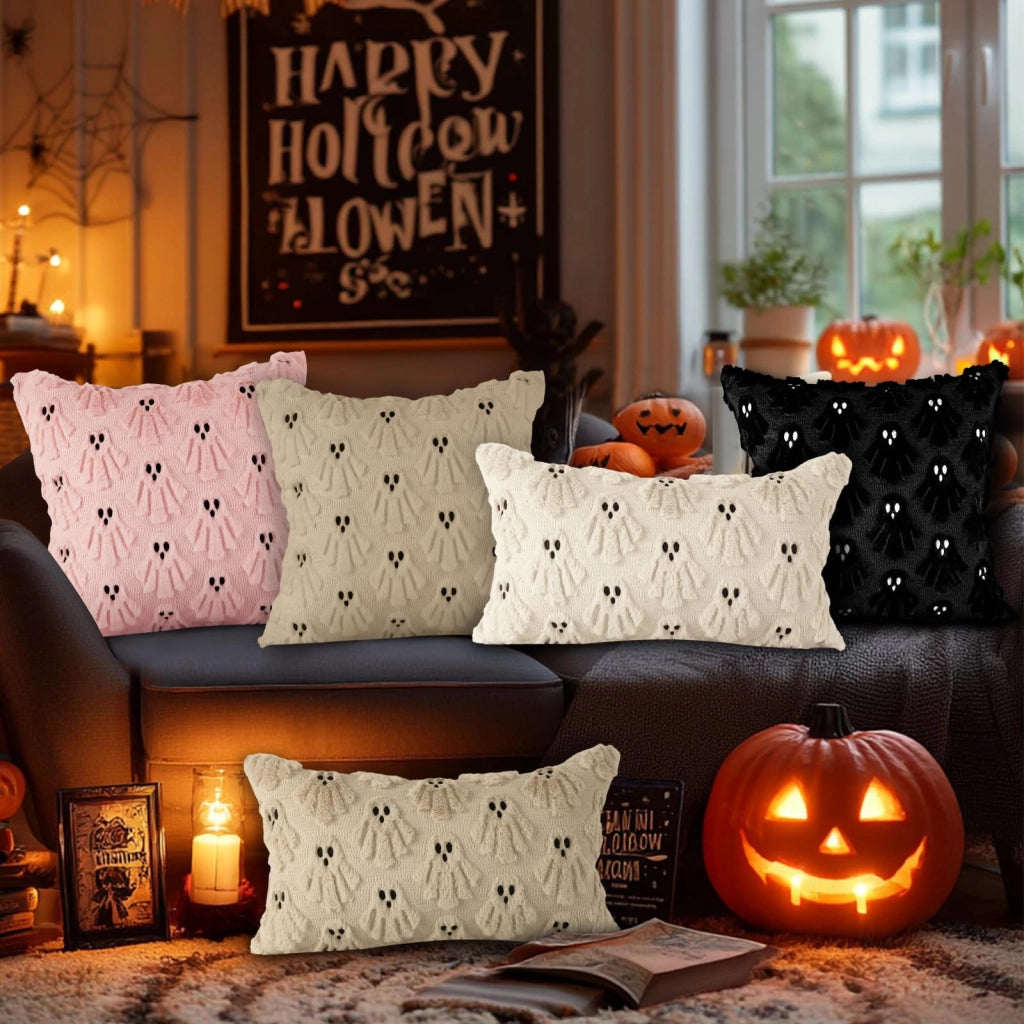 Set di 2 federe per cuscini a tema Halloween, in peluche, 40x40 cm, motivo fantasmi, colore bianco