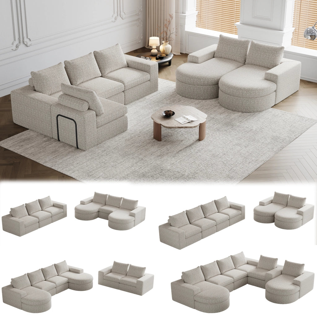 Divano modulare in ciniglia beige con seduta allungata reversibile