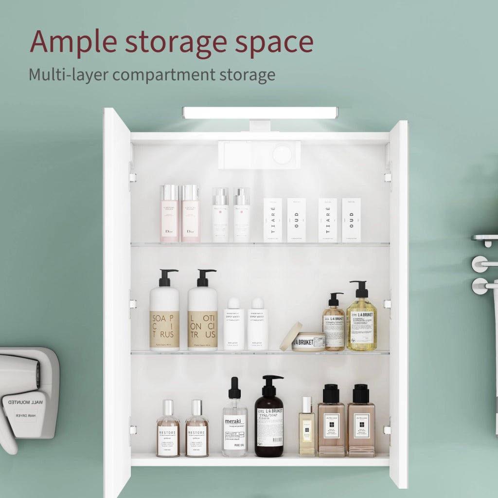 Mobile da bagno 60 cm bianco con specchio, porte asimmetriche, illuminazione LED e presa francese integrata