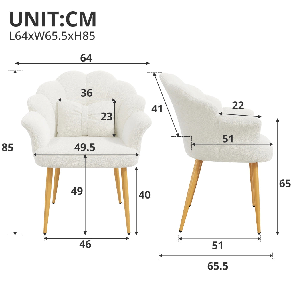 Set di 2 poltrone imbottite con braccioli in tessuto teddy bianco con cuscini a petalo e gambe metalliche moderne